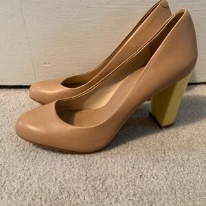 Nude pumps with yellow block heel. Size 6.5